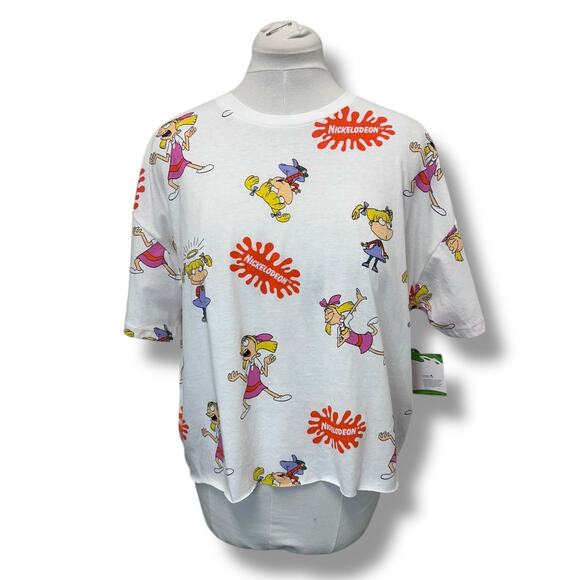 Nickelodeon Women’s All-Over Graphic Relaxed Fit Crop Tee, White, size 2X - Picture 1 of 8